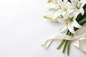 White lily bouquet with ribbon on white background.Funeral Concept AI generated photo