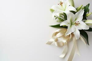 White lily bouquet with ribbon on white background.Funeral Concept AI generated photo