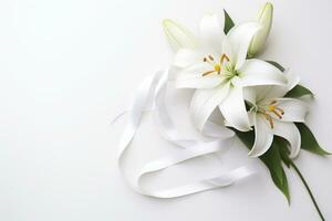 White lily bouquet with ribbon on white background.Funeral Concept AI generated photo