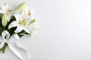 White lily bouquet with ribbon on white background.Funeral Concept AI generated photo