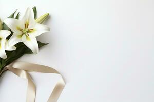 White lily bouquet with ribbon on white background.Funeral Concept AI generated photo