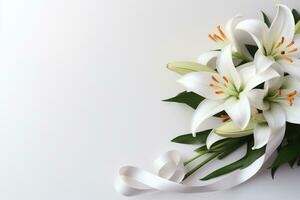 White lily bouquet with ribbon on white background.Funeral Concept AI generated photo