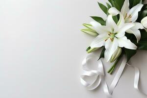 White lily bouquet with ribbon on white background.Funeral Concept AI generated photo