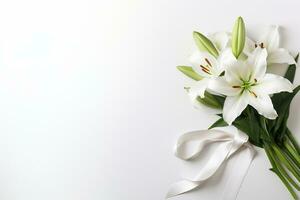 White lily bouquet with ribbon on white background.Funeral Concept AI generated photo