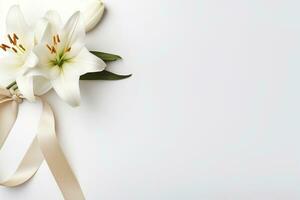 White lily bouquet with ribbon on white background.Funeral Concept AI generated photo