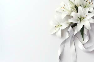 blanco lirio ramo de flores con cinta en blanco fondo.funeral concepto ai generado foto