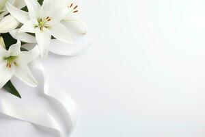 White lily bouquet with ribbon on white background.Funeral Concept AI generated photo