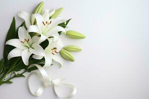 White lily bouquet with ribbon on white background.Funeral Concept AI generated photo