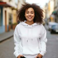 Illustration of a fashion portrait with plain hoodie mockup, AI Generated photo