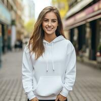Illustration of a fashion portrait with plain hoodie mockup, AI Generated photo