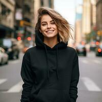 Illustration of a fashion portrait with plain hoodie mockup, AI Generated photo