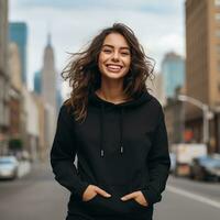 Illustration of a fashion portrait with plain hoodie mockup, AI Generated photo