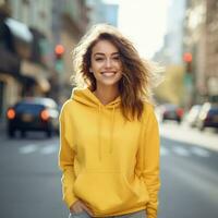 Illustration of a fashion portrait with plain hoodie mockup, AI Generated photo