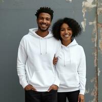 Illustration of a fashioncouple  portrait with plain hoodie mockup, AI Generated photo