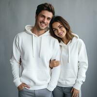 Illustration of a fashioncouple  portrait with plain hoodie mockup, AI Generated photo