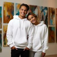 Illustration of a fashioncouple  portrait with plain hoodie mockup, AI Generated photo