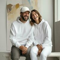 Illustration of a fashioncouple  portrait with plain hoodie mockup, AI Generated photo