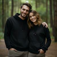 Illustration of a fashioncouple  portrait with plain hoodie mockup, AI Generated photo