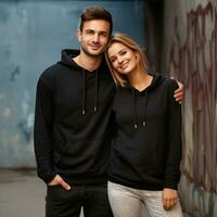 Illustration of a fashioncouple  portrait with plain hoodie mockup, AI Generated photo