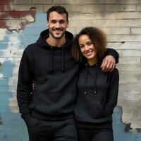 Illustration of a fashioncouple  portrait with plain hoodie mockup, AI Generated photo