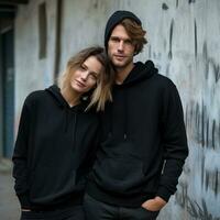 Illustration of a fashioncouple  portrait with plain hoodie mockup, AI Generated photo