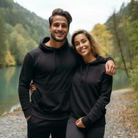 Illustration of a fashioncouple  portrait with plain hoodie mockup, AI Generated photo