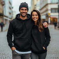 Illustration of a fashioncouple  portrait with plain hoodie mockup, AI Generated photo