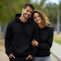 Illustration of a fashioncouple  portrait with plain hoodie mockup, AI Generated photo