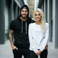 Illustration of a fashioncouple  portrait with plain hoodie mockup, AI Generated photo