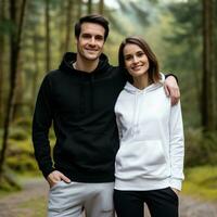 Illustration of a fashioncouple  portrait with plain hoodie mockup, AI Generated photo