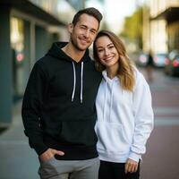 Illustration of a fashioncouple  portrait with plain hoodie mockup, AI Generated photo