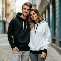 Illustration of a fashioncouple  portrait with plain hoodie mockup, AI Generated photo