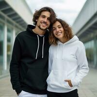 Illustration of a fashioncouple  portrait with plain hoodie mockup, AI Generated photo