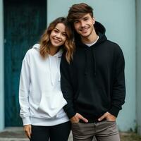 Illustration of a fashioncouple  portrait with plain hoodie mockup, AI Generated photo