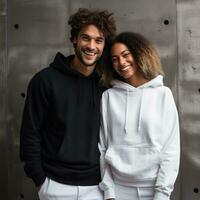 Illustration of a fashioncouple  portrait with plain hoodie mockup, AI Generated photo