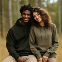 Illustration of a fashioncouple  portrait with plain hoodie mockup, AI Generated photo