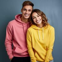 Illustration of a fashioncouple  portrait with plain hoodie mockup, AI Generated photo