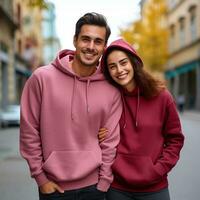 Illustration of a fashioncouple  portrait with plain hoodie mockup, AI Generated photo