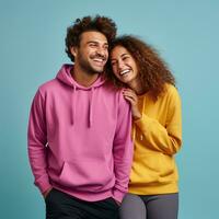 Illustration of a fashioncouple  portrait with plain hoodie mockup, AI Generated photo