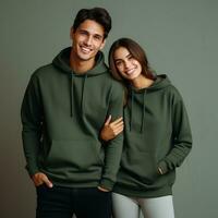 Illustration of a fashioncouple  portrait with plain hoodie mockup, AI Generated photo