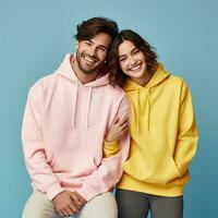 Illustration of a fashioncouple  portrait with plain hoodie mockup, AI Generated photo