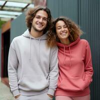 Illustration of a fashioncouple  portrait with plain hoodie mockup, AI Generated photo