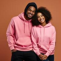 Illustration of a fashioncouple  portrait with plain hoodie mockup, AI Generated photo