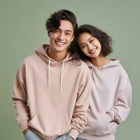 Illustration of a fashioncouple  portrait with plain hoodie mockup, AI Generated photo