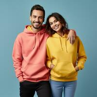 Illustration of a fashioncouple  portrait with plain hoodie mockup, AI Generated photo