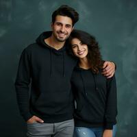 Illustration of a fashioncouple  portrait with plain hoodie mockup, AI Generated photo