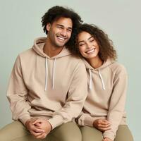 Illustration of a fashioncouple  portrait with plain hoodie mockup, AI Generated photo