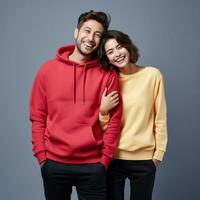 Illustration of a fashioncouple  portrait with plain hoodie mockup, AI Generated photo