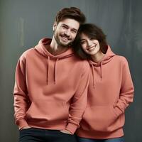 Illustration of a fashioncouple  portrait with plain hoodie mockup, AI Generated photo