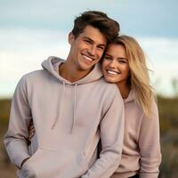 Illustration of a fashioncouple  portrait with plain hoodie mockup, AI Generated photo